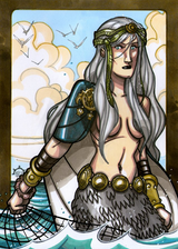 Ran - Ran is wife to Aegir, who are both in mythology referred to as the "old gods", older than the Aesir and Vanir.  She rules the seas and has magical net that she uses to bring in treasure from sunken ships.  Illustration by Nicolas R. Giacondino, copyright Norhalla.com.