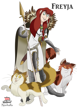 Freyja is Njord's daughter, and sister to Freyr.  She is originally from Vanaheim, and lives in Asgard after the Aesir-Vanir War. She is Head of the Valkyrie and High Priestess.  She has 2 cat companions, Beegul and Treegul that pull her chariot. Illustration by Kathryn Massey, copyright Norhalla.com.