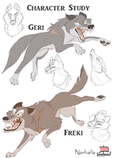 Geri and Freki - Geri & Freki both meaning "ravenous" or "greedy one"; they are the two wolves who accompany Odin. They guard and protect. Illustration by Kathryn Massey, copyright Norhalla.com.