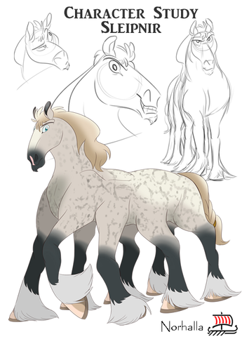 Sleipnir - Sleipnir is Odin's legendary horse.  In mythology, he has eight legs and is the fastest and bravest horse in all realms.  Illustration by Kathryn Massey, copyright Norhalla.com.
