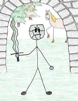 Hrungnir - Hrungnir brags that his horse Gullfaxi (Golden Mane) is the fastest horse in all realms; Odin says Sleipnir is fastest and they challenge in a race.  Illustration for Norse, of Course! by Kristin Valkenhaus, copyright Norhalla.com.