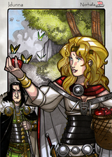 Idunna and Loki - In Idunna's Garden - Scene from Legends, Idunna's Enchanted Apples. Illustration by Nicolas R. Giacondino, copyright Norhalla.com.