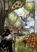 Idunna and Loki - In Idunna's Garden - Scene from Legends, Idunna's Enchanted Apples. Illustration by Nicolas R. Giacondino, copyright Norhalla.com.