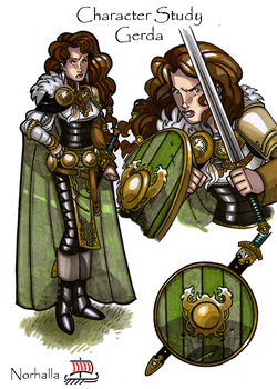 Gerda - In Mythology, Gerda is the daughter of a powerful Jotun king, Gymir. She is beautiful and wealthy. Freyr gives up his Sword of Power in order to marry Gerda. Illustration by Nicolas R. Giacondino, copyright Norhalla.com.