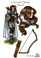 Skadi - Skadi is daughter of the Jotun, Thjazi (whom the Aesir kill). After her father's death, in anger she stands at the gates of Asgard in full armor demanding someone come out to fight her.  Illustration by Nicolas R. Giacondino, copyright Norhalla.com.