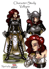 Valkyrie - The Valkyrie are women warriors who take slain warriors from the battlefield to Freyja's fields, Folkvangr where Freyja chooses the first half of the dead; the rest then go to Odin and the hall Valhalla. In Norse legend, Freyja is head of the Valkyrie, and they also work with Odin.  Valkyrie translates to "announcers of the chosen".  Illustration by Nicolas R. Giacondino, copyright Norhalla.com.