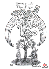 Idunna - Loki in Idunna's Garden and Eagle Thjazi - Scene from Children of Odin, republishing by Norhalla. Illustration by Micke Johansson, copyright Norhalla.com.