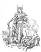 Freyja - Freyja is Njord's daughter, and sister to Freyr.  She is originally from Vanaheim, and lives in Asgard after the Aesir-Vanir War. She is Head of the Valkyrie and High Priestess.  She has 2 cat companions, Beegul and Treegul that pull her chariot. Illustration by Bob Berry, copyright Norhalla.com.