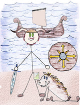 Freyr - Freyr is the son of Njord and brother to Freyja.  He was born in Vanaheim, ruler of Alfheim, and lives in Asgard. Freyr falls in love with the beautiful Gerda and gives up his sword to marry her. Illustration  for Norse, of Course! by Kristin Valkenhaus, copyright Norhalla.com.