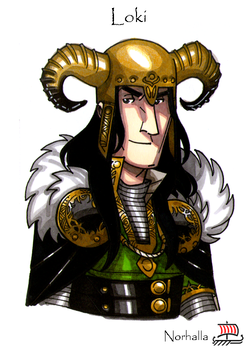 Loki - Loki is the son of Fárbauti his father, a Jotun and Laufey his mother, an Aesir. He lives in Asgard with the Gods for many years. He is skilled in political maneuvering and lies. He does mean and evil things to people, the Gods, and others then talks his way out of punishment.  Illustration by Nicolas R. Giacondino, copyright Norhalla.com.