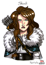 Skadi - Skadi is daughter of the Jotun, Thjazi (whom the Aesir kill). After her father's death, in anger she stands at the gates of Asgard in full armor demanding someone come out to fight her.  Illustration by Nicolas R. Giacondino, copyright Norhalla.com.