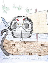 Jormungandr  - In Mythology, Jormungandr is the Midgard Serpent and is depicted as a giant serpent. He has one black and one red eye (left eye) to reflect his dark soul and that he is in league with Loki.   Illustration for Norse, of Course! by Kristin Valkenhaus, copyright Norhalla.com.