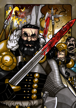 Jotuns - In Norse legend, Jotuns originate from Ymir, the frost giant. After Ymir's sons kill Odin's fore-father Bur, Odin and his brothers kill Ymir and all of his people. After the slaughter, the survivors are Berglemir and his family. They leave the area and are then known as Jotuns. Illustration by Nicolas R. Giacondino, copyright Norhalla.com.