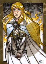 Nanna - When her husband Baldur dies, she throws herself on his funeral ship and dies. While in Hel, she gives to Hermod a linen robe for Frigga and a golden ring for Fulla to take back to Asgard.  Illustration by Nicolas R. Giacondino, copyright Norhalla.com.