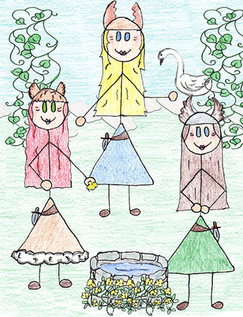 Norns - In Norse myth, the Norns come from the Vanir. Three of them, Urd, Verdani, and Skuld are in charge of the Well of Urd.  Illustration for Norse, of Course! by Kristin Valkenhaus, copyright Norhalla.com.