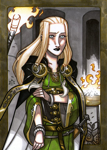 Sigyn - Sigyn is Loki's wife in Asgard.  In mythology, she holds the bowl that catches the venom from the snake that drips onto Loki when Skadi binds Loki to a tree.  Illustration by Nicolas R. Giacondino, copyright Norhalla.com.