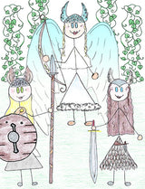 Valkyrie - The Valkyrie are women warriors who take slain warriors from the battlefield to Freyja's fields, Folkvangr where Freyja chooses the first half of the dead; the rest then go to Odin and the hall Valhalla. In Norse legend, Freyja is head of the Valkyrie, and they also work with Odin.  Valkyrie translates to "announcers of the chosen".  Illustration for Norse, of Course! by Kristin Valkenhaus, copyright Norhalla.com.